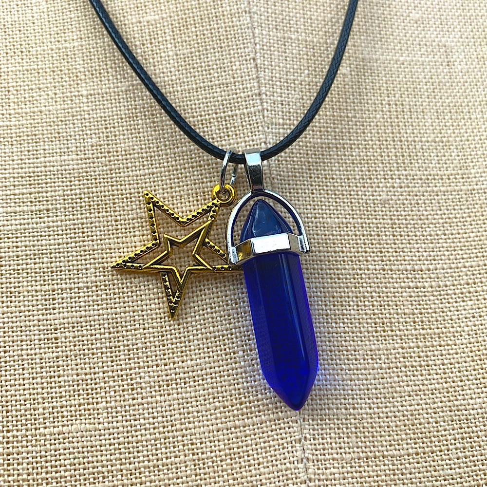 Handmade Cobalt Blue Resin Stone Dagger Crystal Amulet Necklace & Star Charm